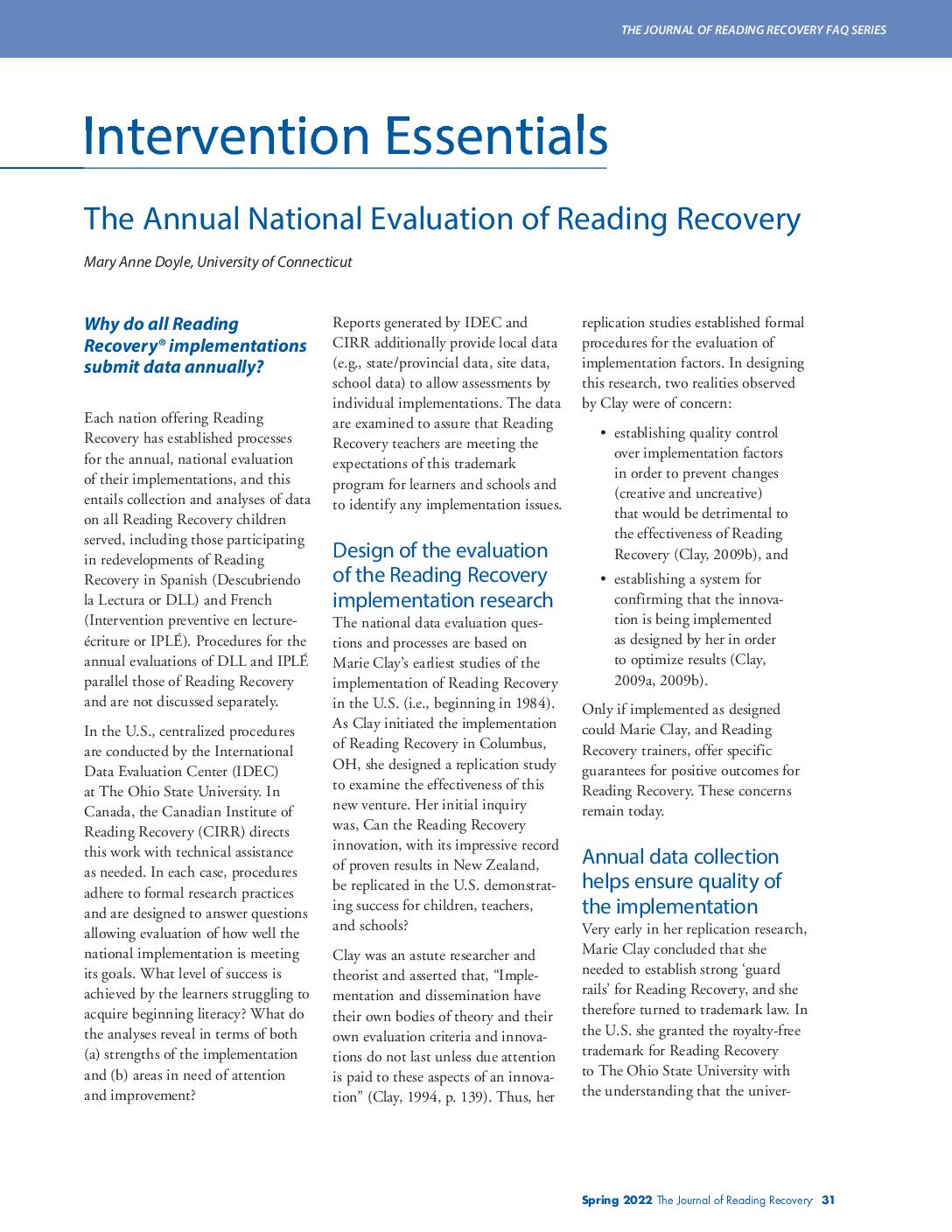 The Annual National Evaluation of Reading Recovery